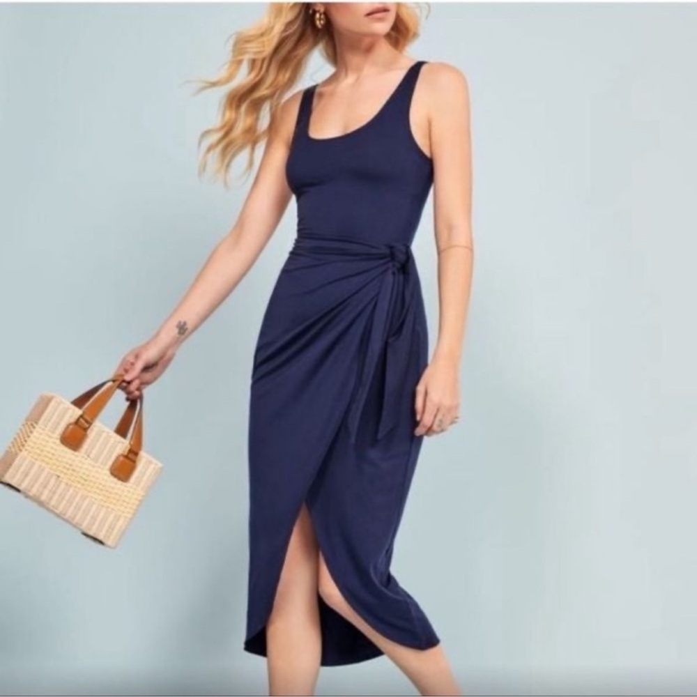 BNWT Reformation Kaila Wrap Dress Jersey Tencel Danube Navy Blue XS